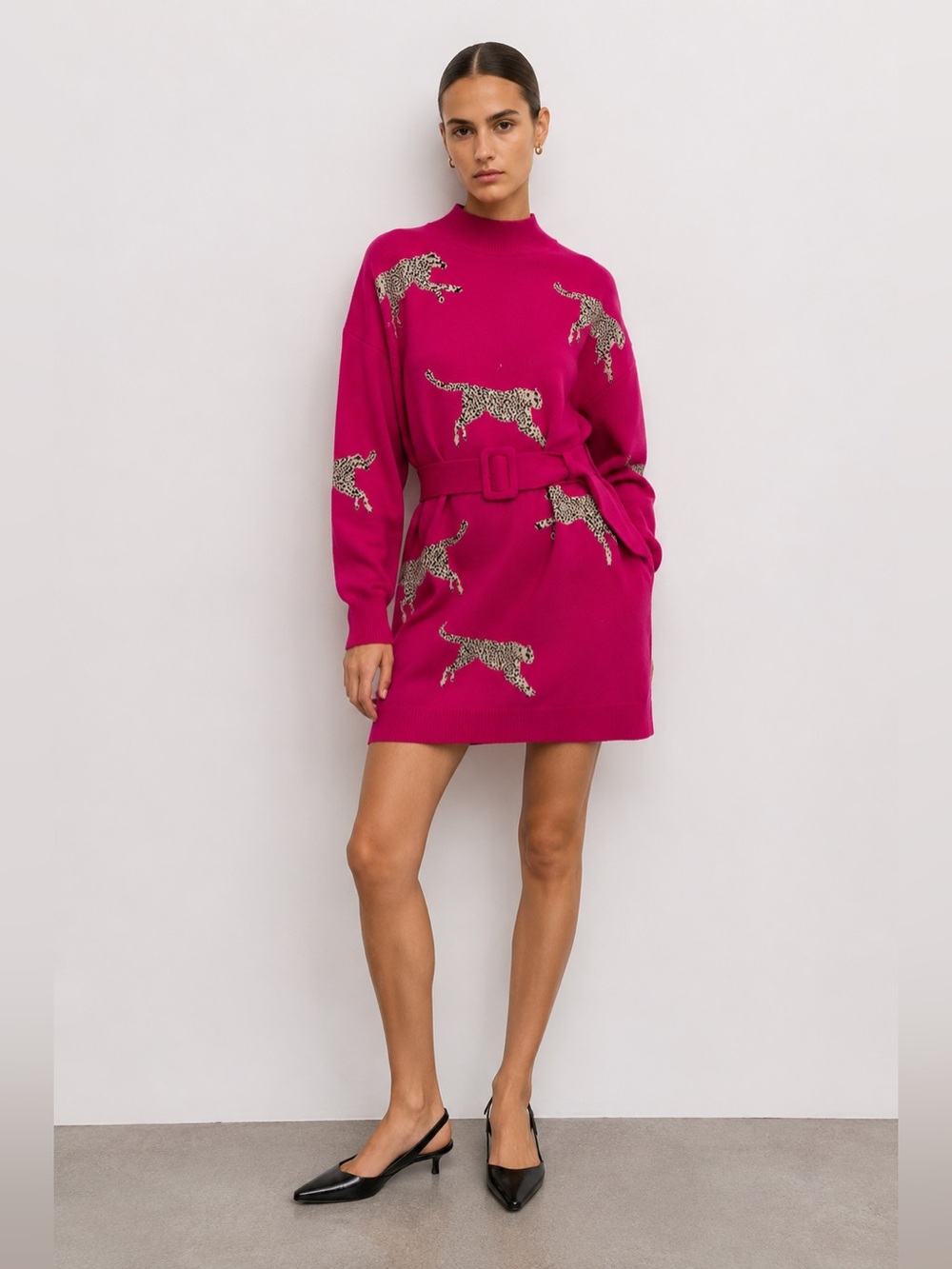 BLOGGER FAVORITE LONG SLEEVE CHEETAH ANIMAL PRINT BELTED SWEATER MINI DRESS